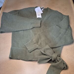 Wayf Moss Green V-Neck Sweater with Tie Detail